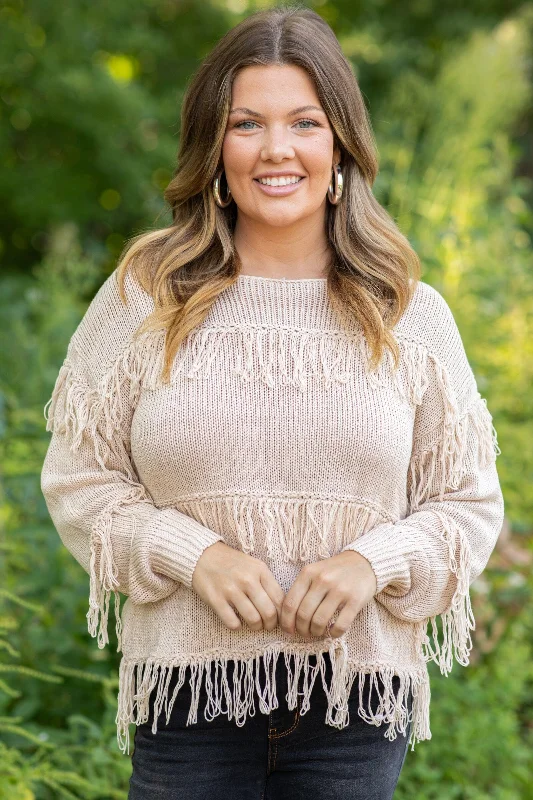 Tan Lightweight Sweater With Fringe Detail