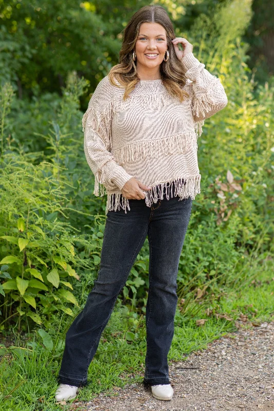 Tan Lightweight Sweater With Fringe Detail