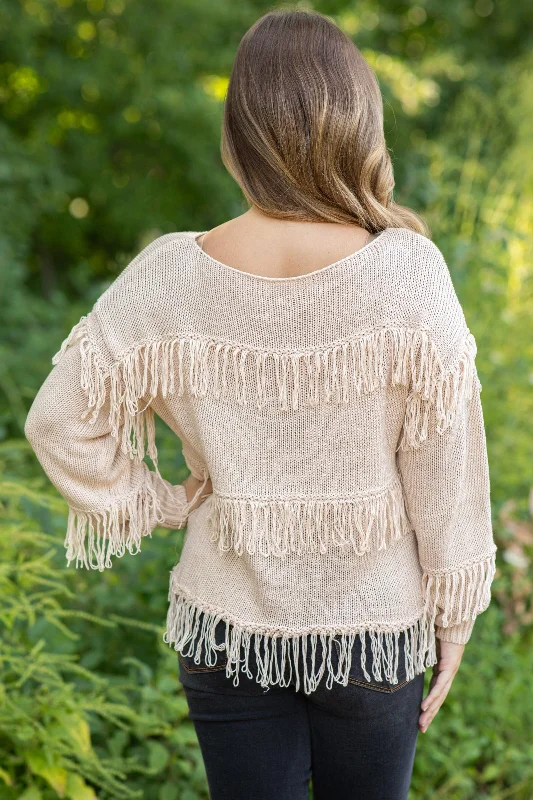 Tan Lightweight Sweater With Fringe Detail