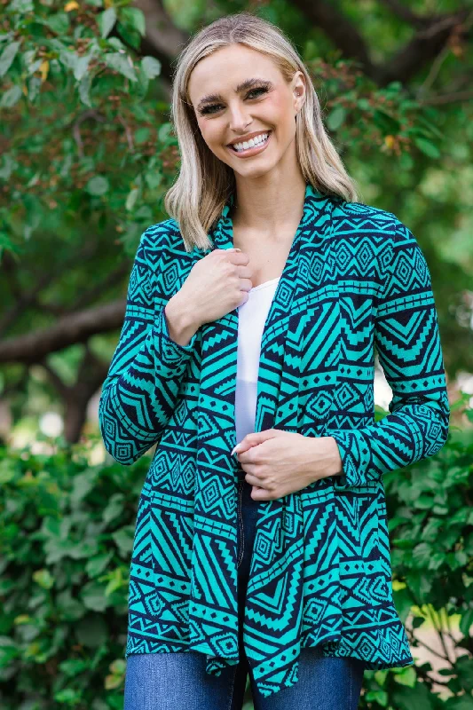 Turquoise and Navy Aztec Print Cardigan