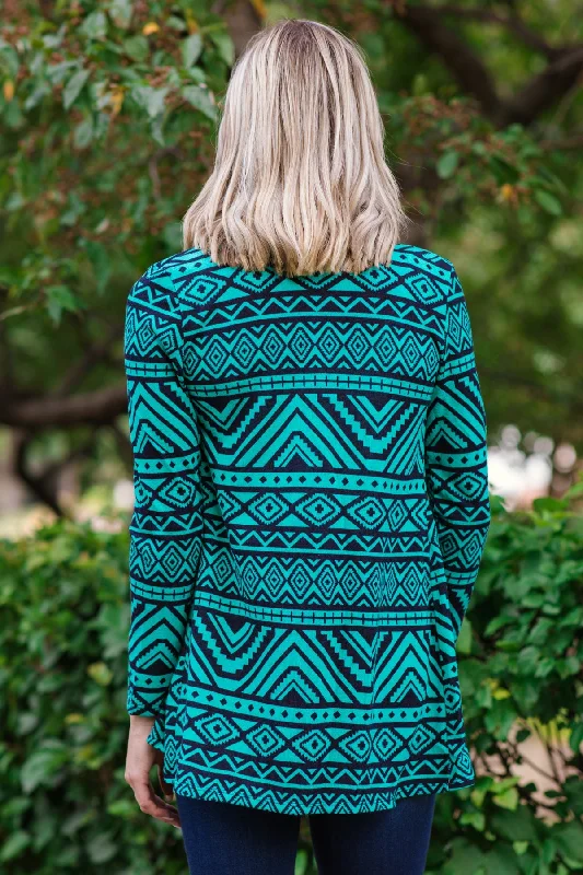 Turquoise and Navy Aztec Print Cardigan