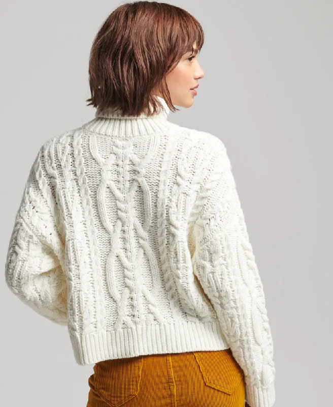 Cable Knit Polo Neck Jumper | Ecru