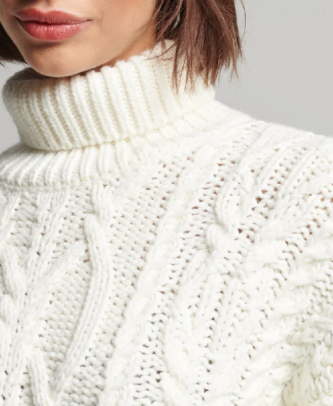 Cable Knit Polo Neck Jumper | Ecru