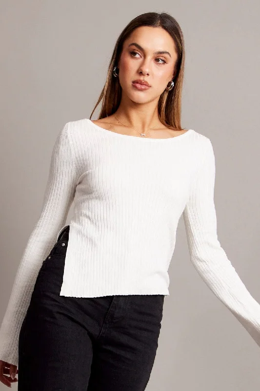 White Knit Top Boat Neck Long Sleeve