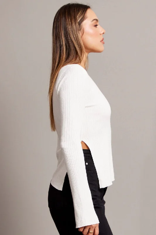 White Knit Top Boat Neck Long Sleeve