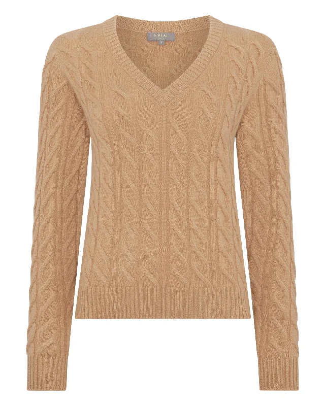 Women's Frankie Cable V Neck Cashmere Jumper Sahara Brown