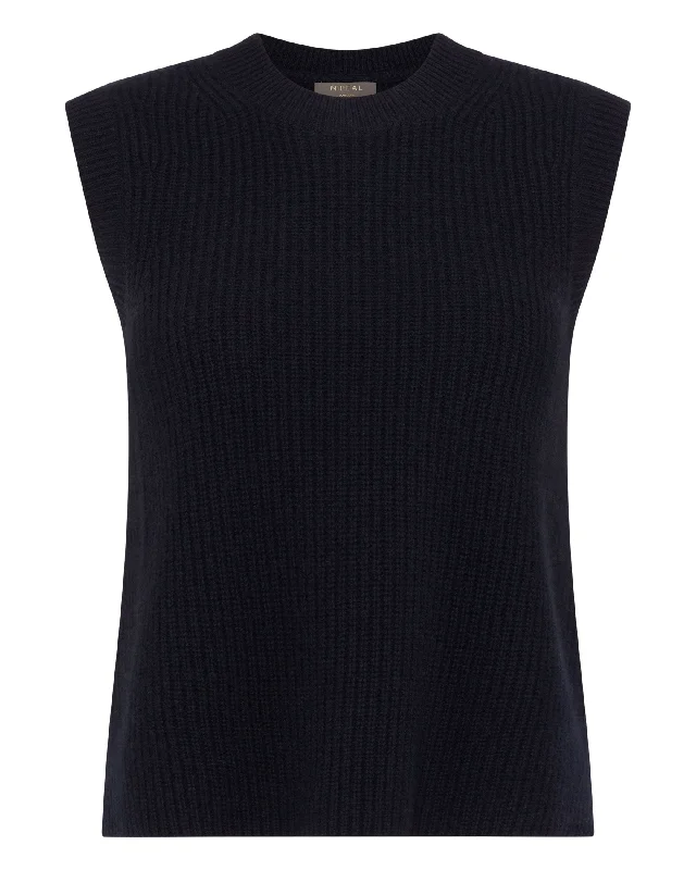 Women's Rib Round Neck Cashmere Tank Top Navy Blue