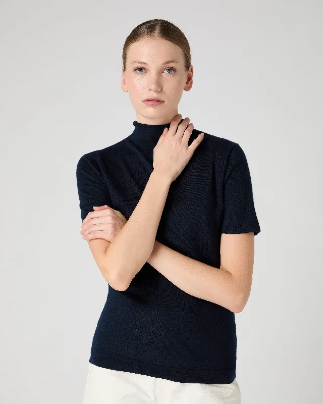 Women's Rosie Superfine Cashmere Mock Neck T-Shirt Navy Blue